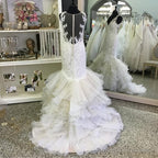 V Neck Organza Ruffles Mermaid Wedding Dress Lace
