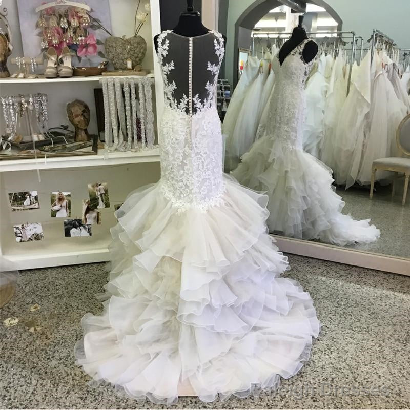V Neck Organza Ruffles Mermaid Wedding Dress Lace
