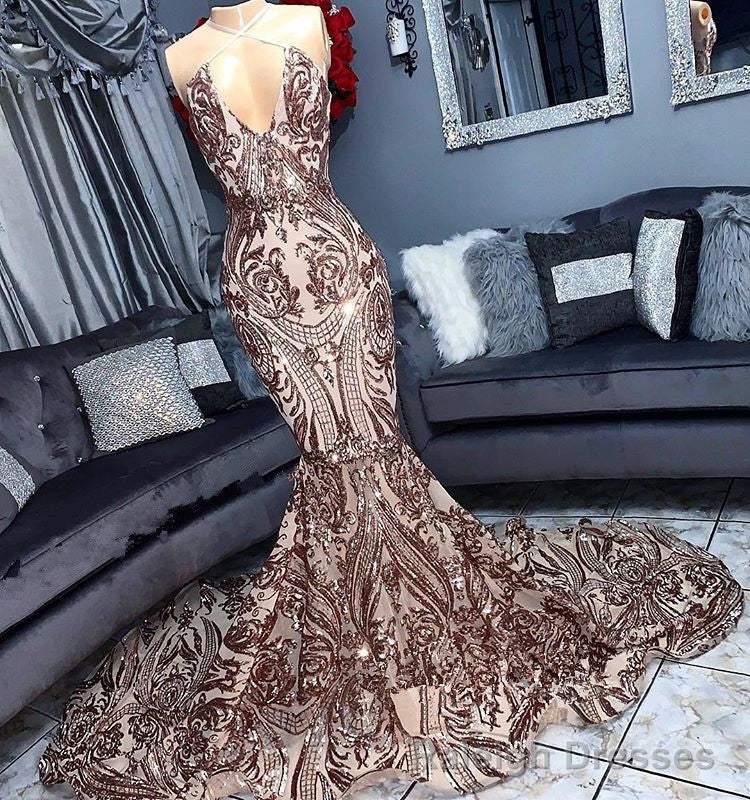 Sexy V Neck Sequins Sleeveless Mermaid Floor Length Prom Dresses Main image