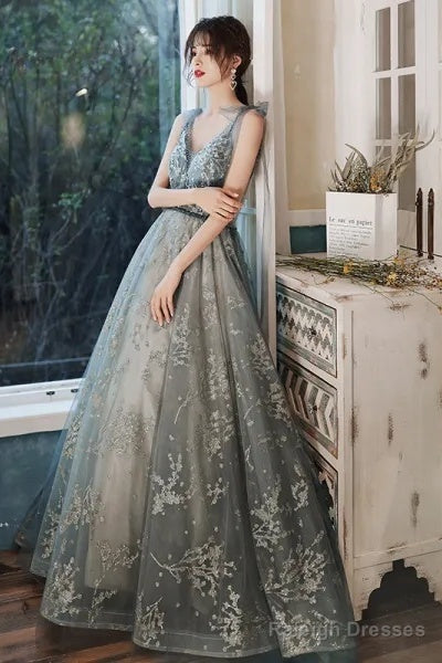 Sexy V-Neck Shoulder Straps Sleeveless Gray Glitter Evening Gown With Train Prom Dress Secondary image