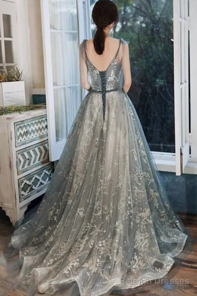 Sexy V-Neck Shoulder Straps Sleeveless Gray Glitter Evening Gown With Train Prom Dress