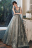 Sexy V-Neck Shoulder Straps Sleeveless Gray Glitter Evening Gown With Train Prom Dress