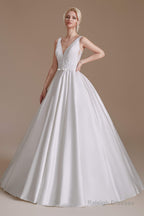 V Neck Sleeveless Satin Handmade Back Wedding Dresses