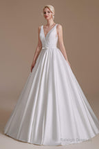 V Neck Sleeveless Satin Handmade Back Wedding Dresses