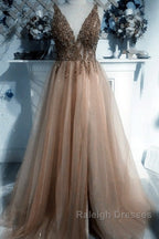 V Neck Split Tulle Long Beaded Dress