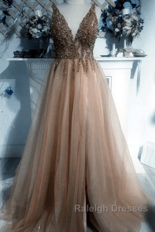 V Neck Split Tulle Long Beaded Dress
