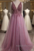 V Neck Split Tulle Long Beaded Dress