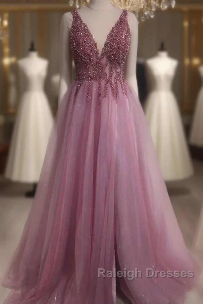 V Neck Split Tulle Long Beaded Dress