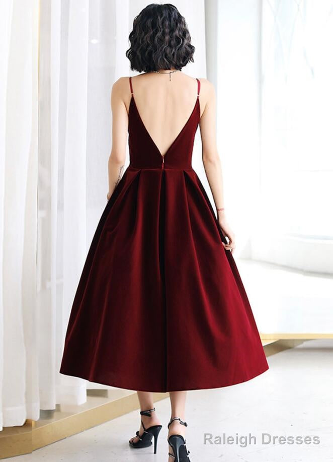 Sexy Velvet Dark Red Backless Straps Wedding Party Dress, Burgundy Short Prom Dresses Secondary image