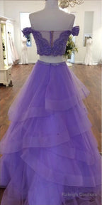 Violet Purple Prom Dress Two Piece A-Line Off The Shoulder