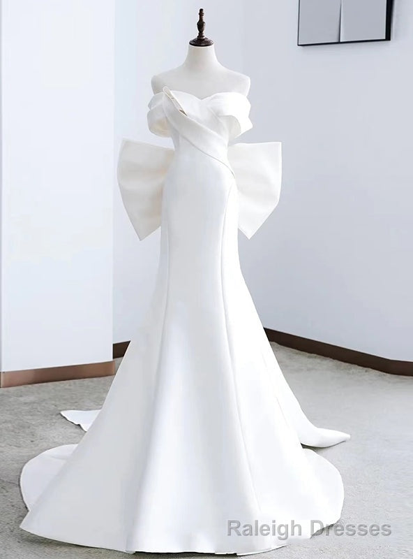 Sexy White Mermaid Off the Shoulder Pleats Wedding Dress With Bow Main image
