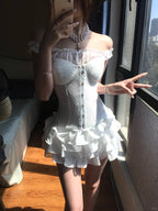 Sexy White Off Shoulder Corset Ruffled Mini Homecoming Dress