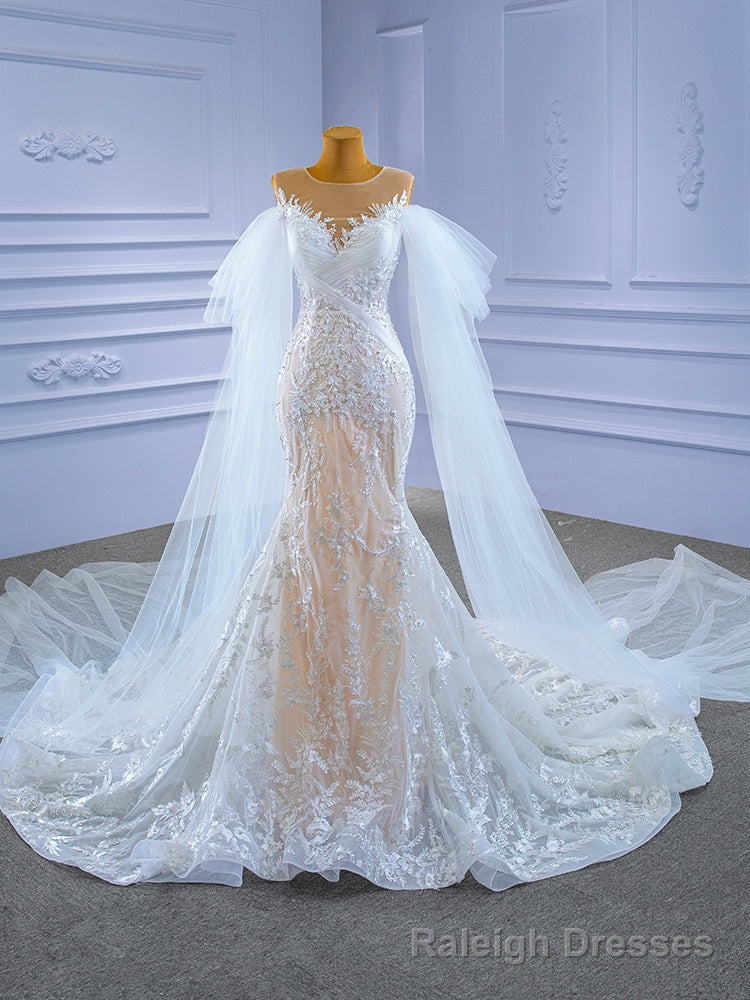 Sexy White Tulle Mermaid Appliques Pearls Wedding Dress Main image