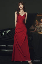 Wine Red Satin Straps Long Prom Dresses Charming Dark Red Prom Dress
