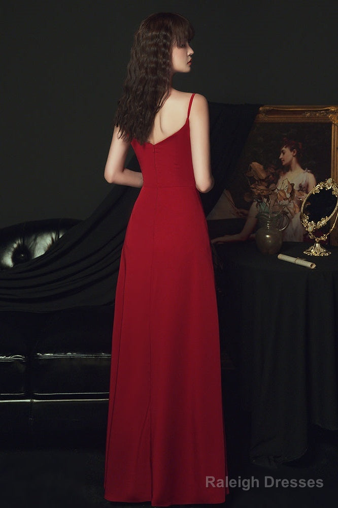 Wine Red Satin Straps Long Prom Dresses Charming Dark Red Prom Dress
