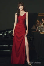 Wine Red Satin Straps Long Prom Dresses Charming Dark Red Prom Dress