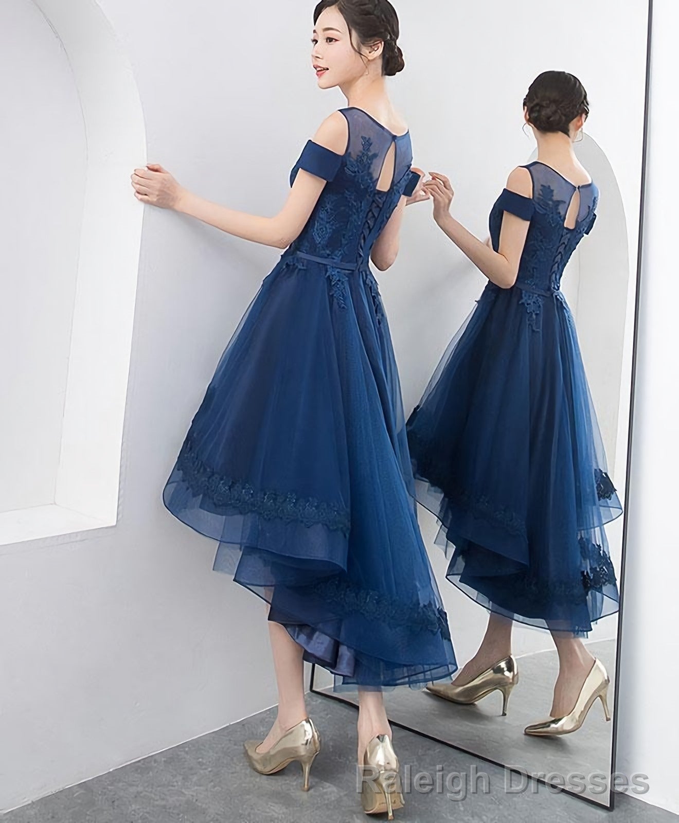 Dark Blue Lace Tulle Short Prom Dress Homecoming Dress