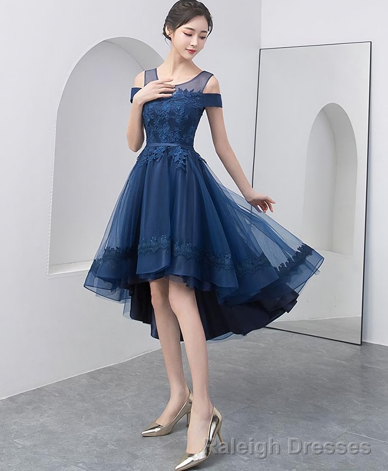 Dark Blue Lace Tulle Short Prom Dress Homecoming Dress