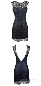 Sheath Bateau Backless Short Homecoming Navy Blue Lace Mother Of The Bride Dress