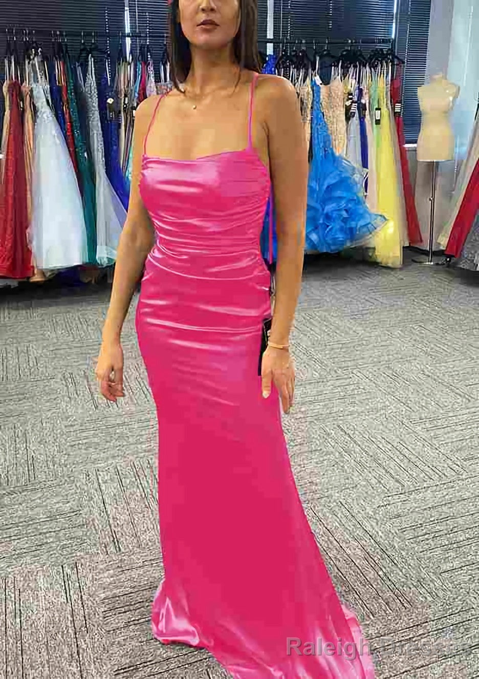 Sheath/Column Bateau Spaghetti Straps Long/Floor-Length Charmeuse Prom Dresses With Pleated