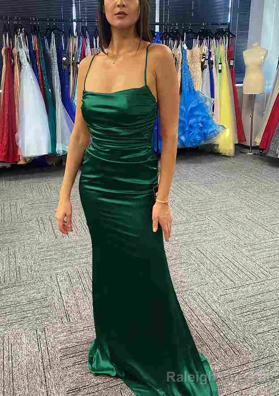 Sheath/Column Bateau Spaghetti Straps Long/Floor-Length Charmeuse Prom Dresses With Pleated