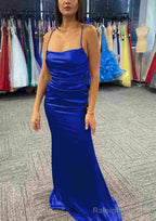 Sheath/Column Bateau Spaghetti Straps Long Dress Floor Length Charmeuse Prom Dress With Pleated