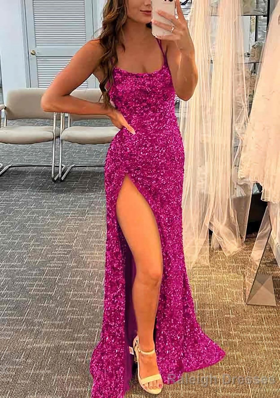 Sheath/Column Bateau Spaghetti Straps Long/Floor-Length Velvet Sequins Prom Dresses With Split