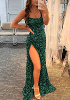Sheath/Column Bateau Spaghetti Straps Long/Floor-Length Velvet Sequins Prom Dresses With Split