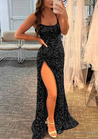 Sheath/Column Bateau Spaghetti Straps Long/Floor-Length Velvet Sequins Prom Dresses With Split