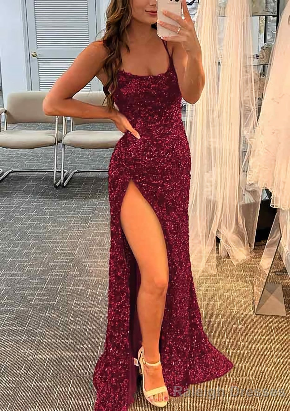 Sheath/Column Bateau Spaghetti Straps Long Dress Floor Length Velvet Sequins Prom Dress With Split