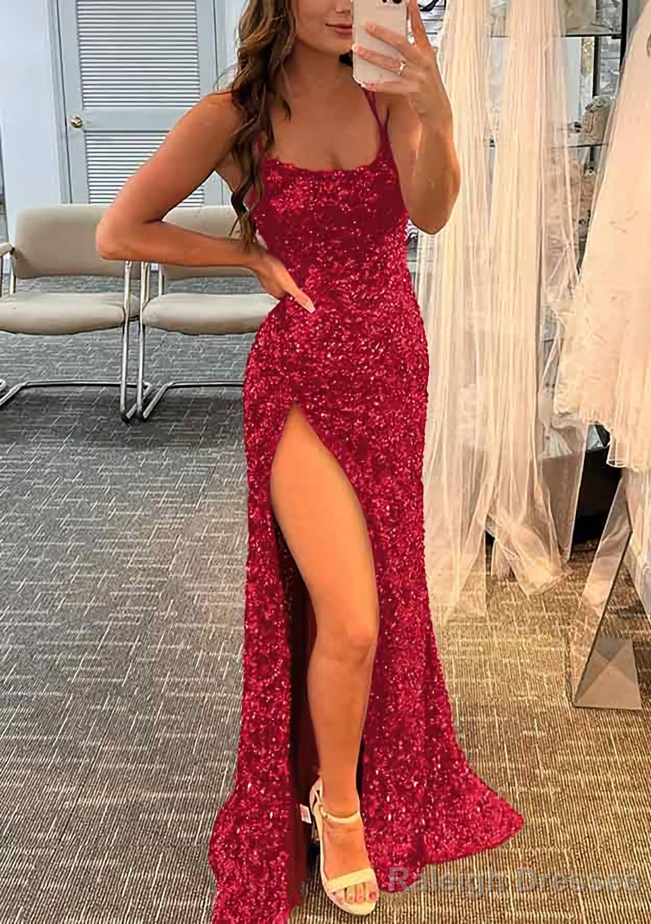 Sheath/Column Bateau Spaghetti Straps Long Dress Floor Length Velvet Sequins Prom Dress With Split