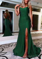 Sheath/Column Bateau Sweep Train Sleeveless Silk like Satin Prom Dresses With Pleated Split