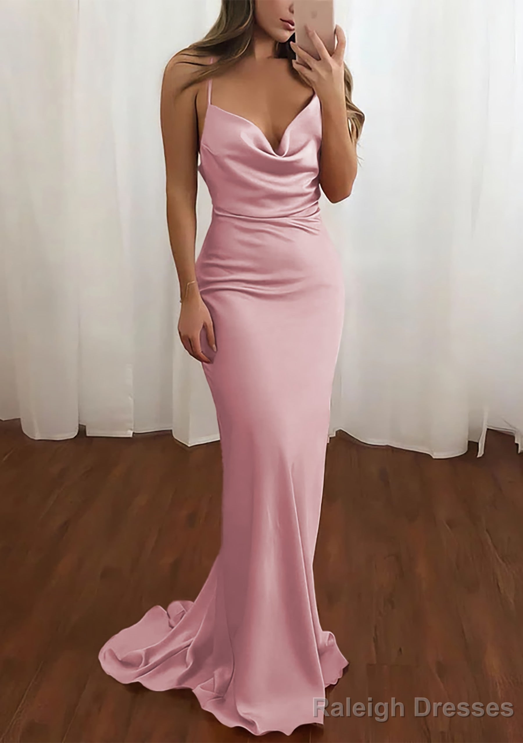 Sheath/Column Cowl Neck Spaghetti Straps Sweep Train Satin Prom Dresses Main image