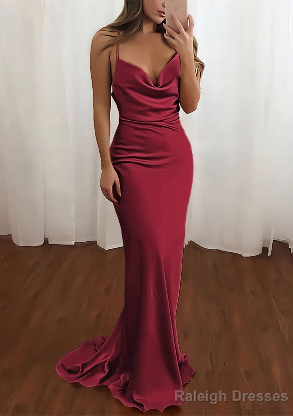Sheath/Column Cowl Neck Spaghetti Straps Sweep Train Satin Prom Dresses