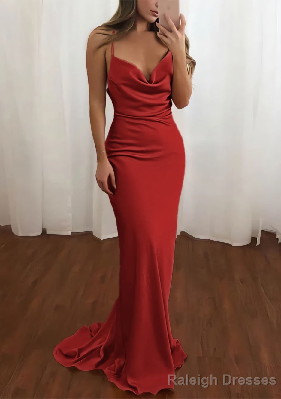 Sheath/Column Cowl Neck Spaghetti Straps Sweep Train Satin Prom Dresses