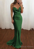 Sheath/Column Cowl Neck Spaghetti Straps Sweep Train Satin Prom Dresses