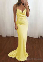 Sheath/Column Cowl Neck Spaghetti Straps Sweep Train Satin Prom Dresses