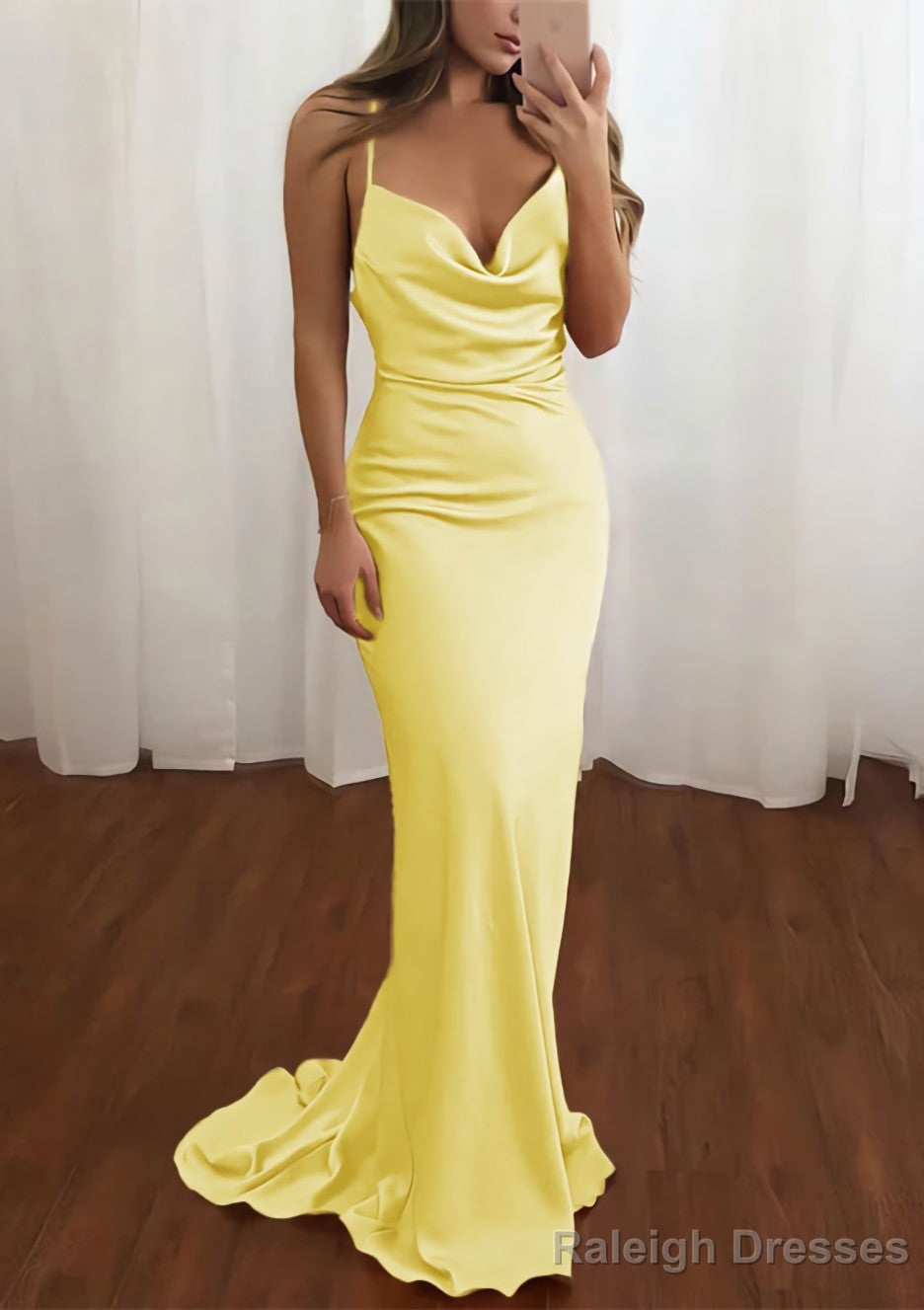 Sheath/Column Cowl Neck Spaghetti Straps Sweep Train Satin Prom Dresses