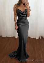 Sheath/Column Cowl Neck Spaghetti Straps Sweep Train Satin Prom Dress