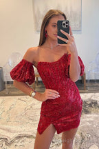 Sheath/Column Detachable Sleeves Sequins Burgundy Short Homecoming Dress