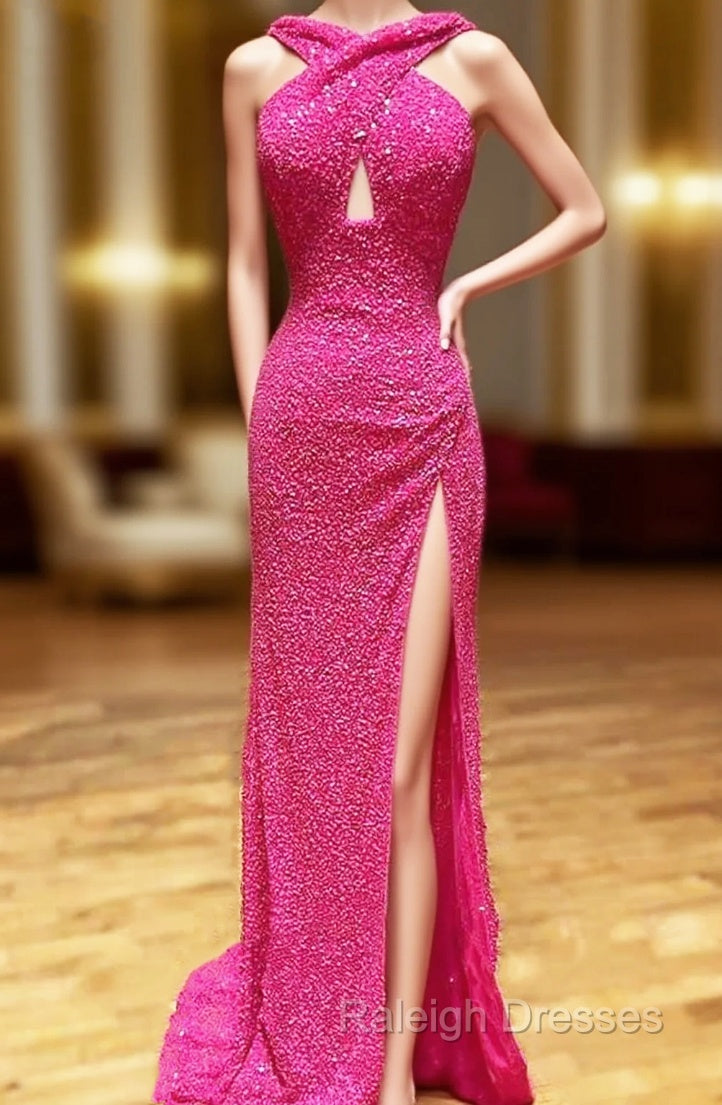Sheath/Column Halter Sleeveless Court Train Velvet Sequins Prom Dress With Split