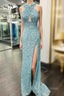 Sheath/Column Halter Sleeveless Sweep Train Velvet Sequins Prom Dress With Split