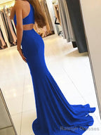 Sheath/Column Halter Sweep Train Jersey Prom Dresses With Leg Slit