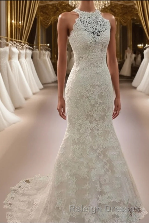 Sheath/Column Halter Sweep Train Lace Wedding Dresses Main image
