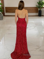 Sheath/Column Halter Sweep Train Sequins Prom Dresses With Leg Slit
