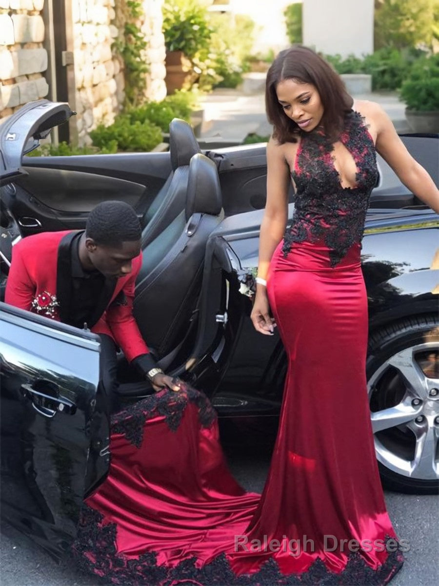 Sheath/Column Jewel Chapel Train Silk like Satin Prom Dresses With Appliques Lace Main image