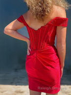 Sheath/Column Off-the-Shoulder Corset Short Mini Elastic Woven Satin Homecoming Dresses