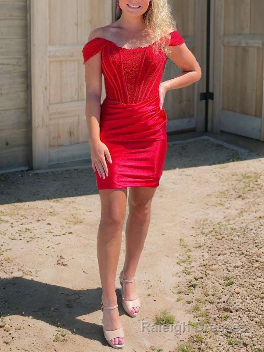 Sheath/Column Off-the-Shoulder Corset Short Mini Elastic Woven Satin Homecoming Dresses