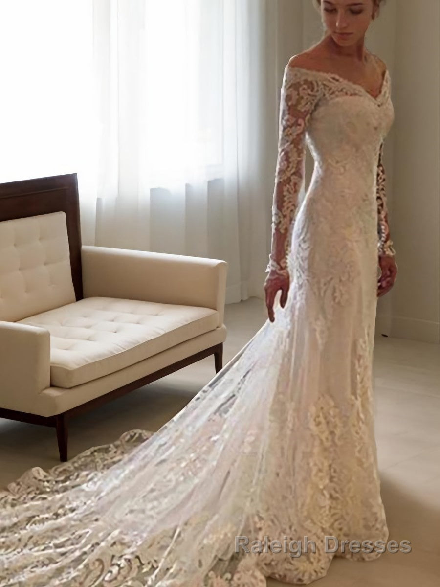 Sheath/Column Off-the-Shoulder Court Train Lace Wedding Dresses With Appliques Lace Main image