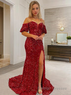 Sheath/Column Off-the-Shoulder Court Train Velvet Sequins Prom Dresses With Leg Slit